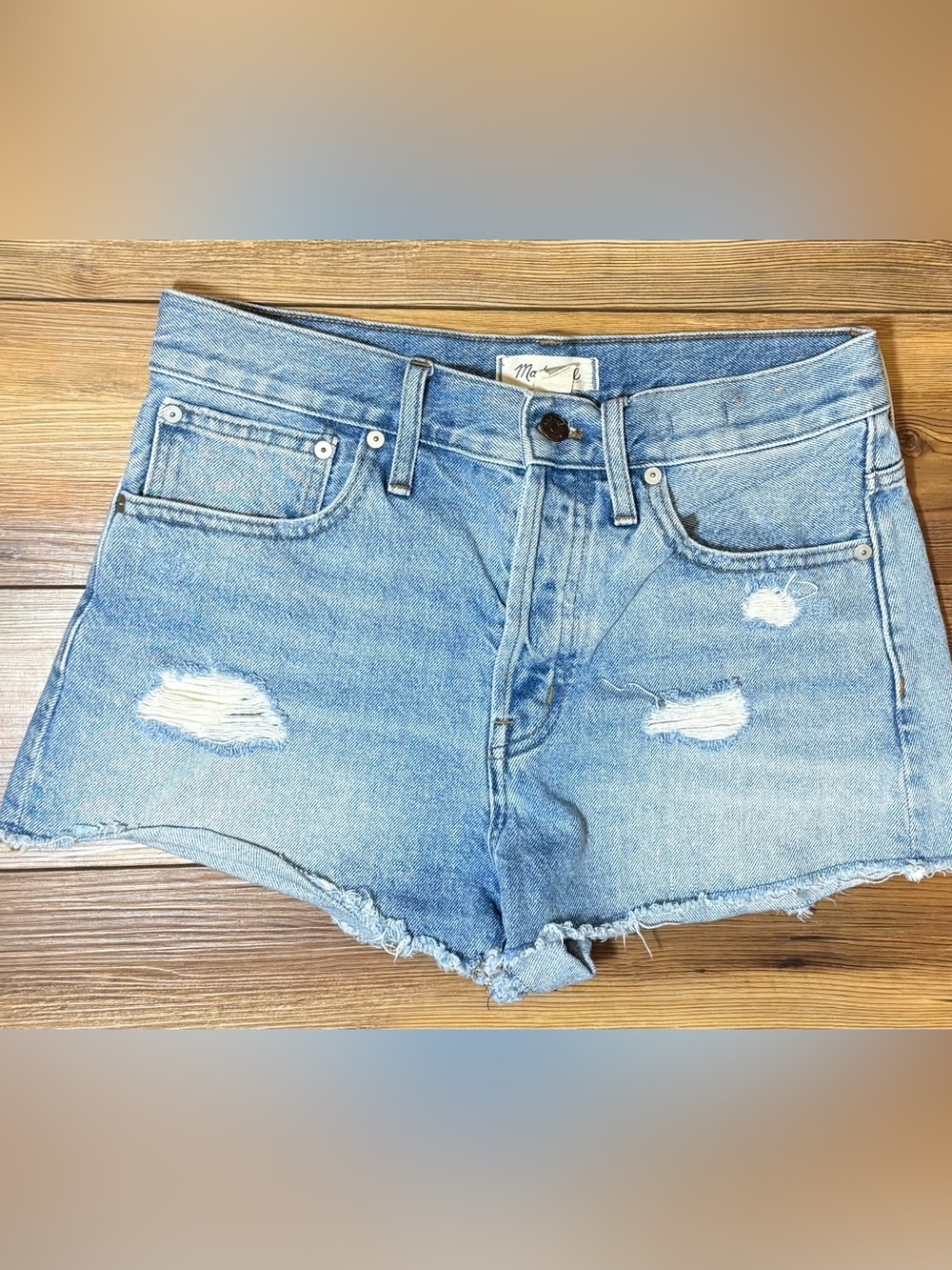 Madewell Relaxed Denim Shorts Womens 27 High Rise Button Fly Distressed Raw Hem